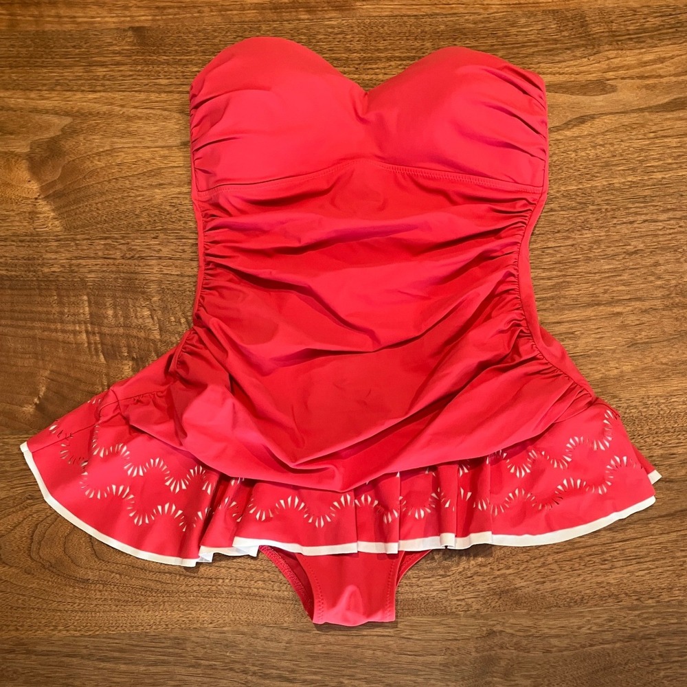 Profile by Gottex Pink‎ Ruched Strapless Swim Dress Laser Cut Eyelet One Piece